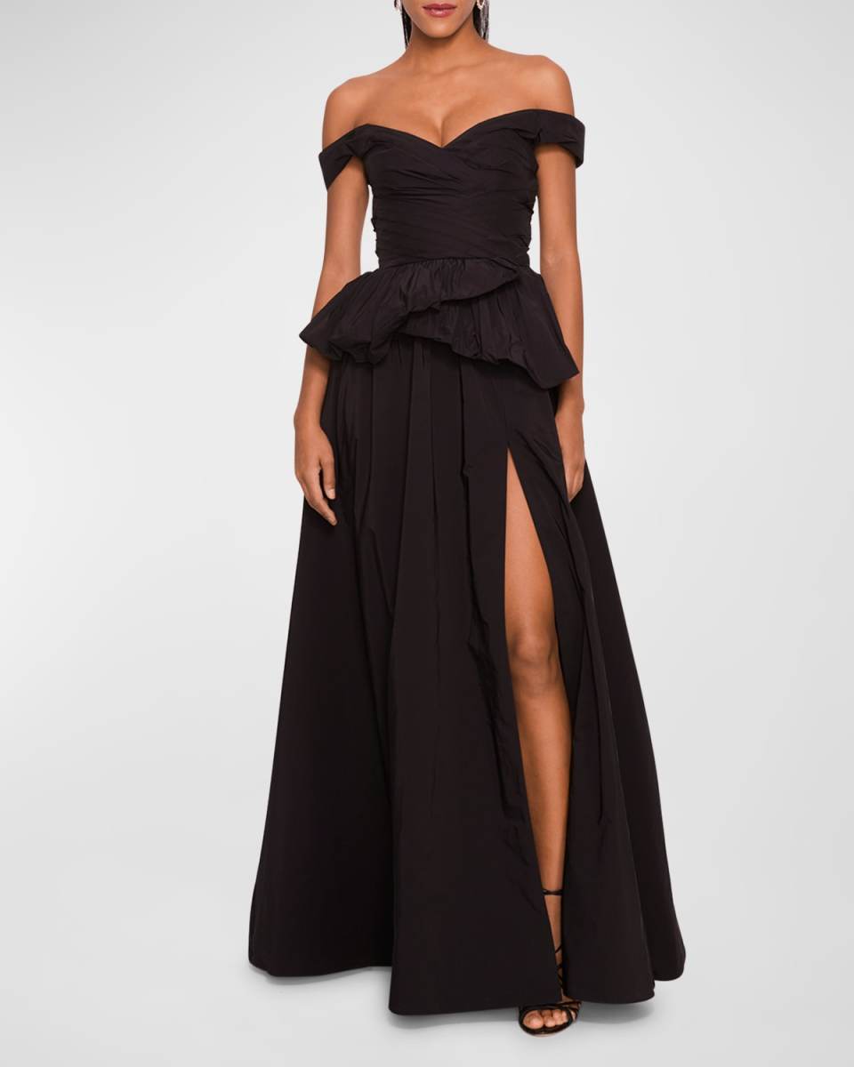 Off-Shoulder Taffeta Peplum Gown